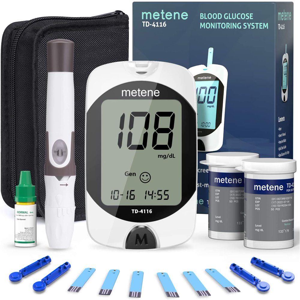 Metene Blood Glucose Monitor Kit, 100 Glucometer Strips, 100 Lancets, 1 ...